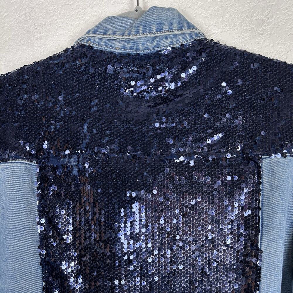 Bee & Ceci Size M Oversized Distressed Sequin Embroidered Jean Jacket - Picture 4 of 8